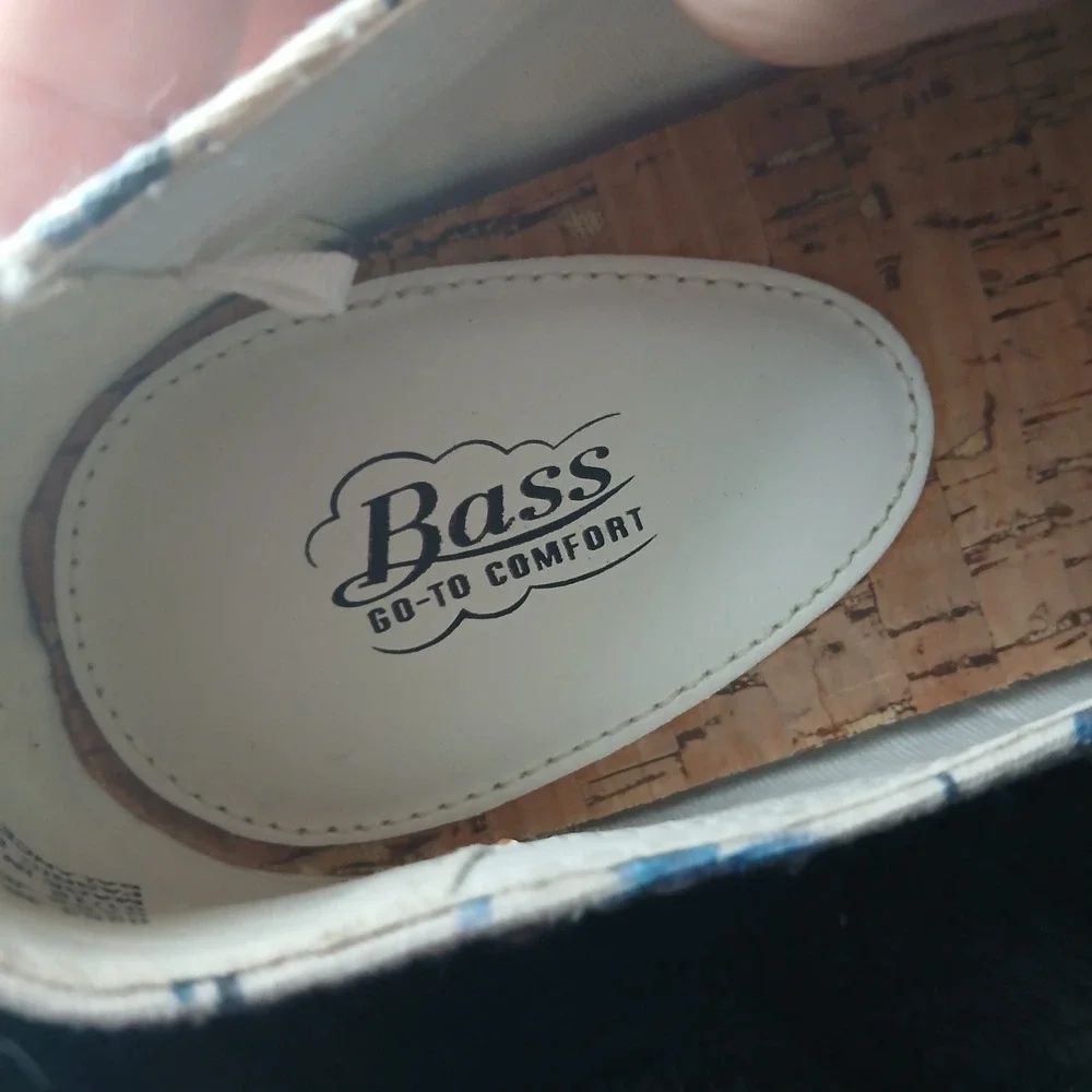Bass Jenny Espadrille Flat 9.5M White Blue Palm Tree Print Coastal Summer Slipon